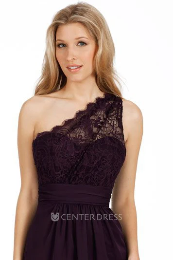 Floor-Length Sheath One-Shoulder Sleeveless Lace Chiffon Bridesmaid Dress