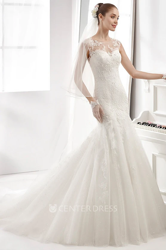 Cap-Sleeve Lace Wedding Gown With Illusive Neckline and Mermaid Style