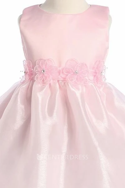 Tea-Length Sleeveless Tiered Organza&Satin Flower Girl Dress