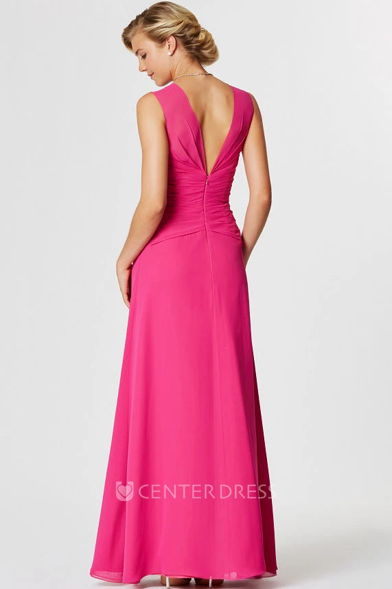 Sleeveless V-Neck Jeweled Chiffon Bridesmaid Dress With Draping