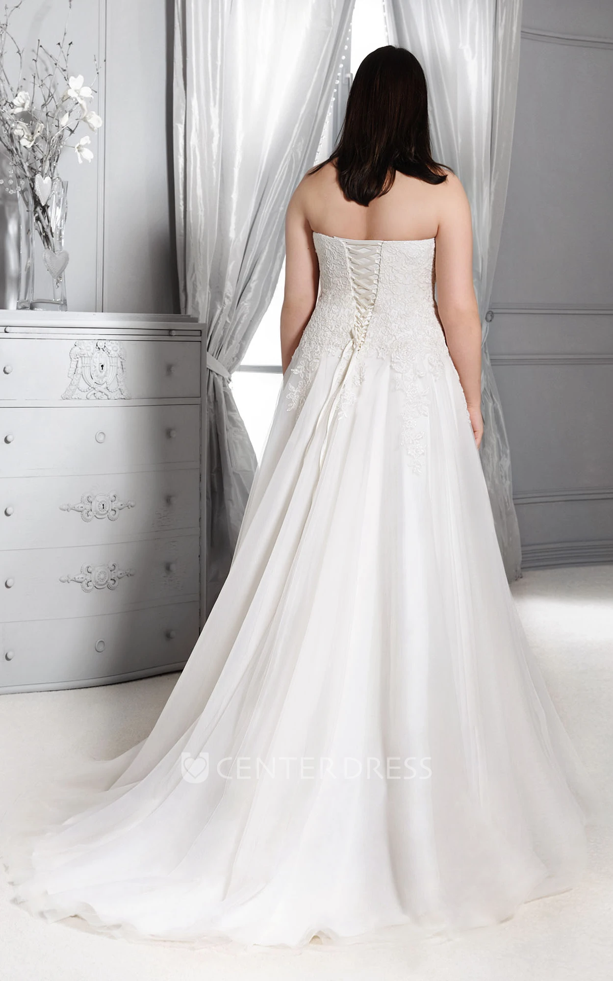 Strapless Lace Sheath Dress With Pleats And Corset Back