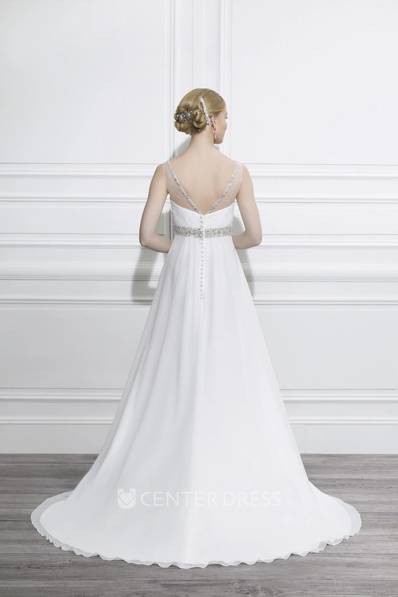 Scoop Floor-Length Criss-Cross Empire Jeweled Chiffon Wedding Dress