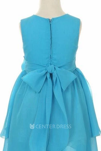 Tea-Length Broach Bowed Chiffon Flower Girl Dress