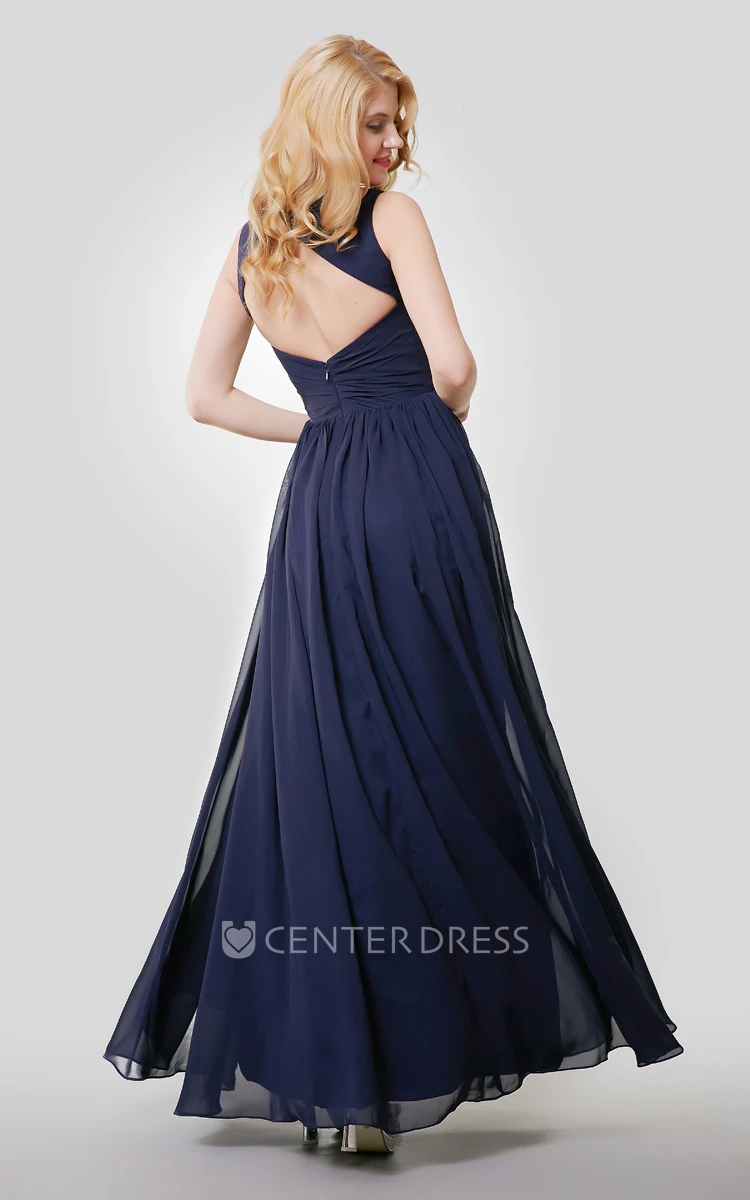 Sleeveless Chiffon Pleated Floor Length Dress With Keyhole Back