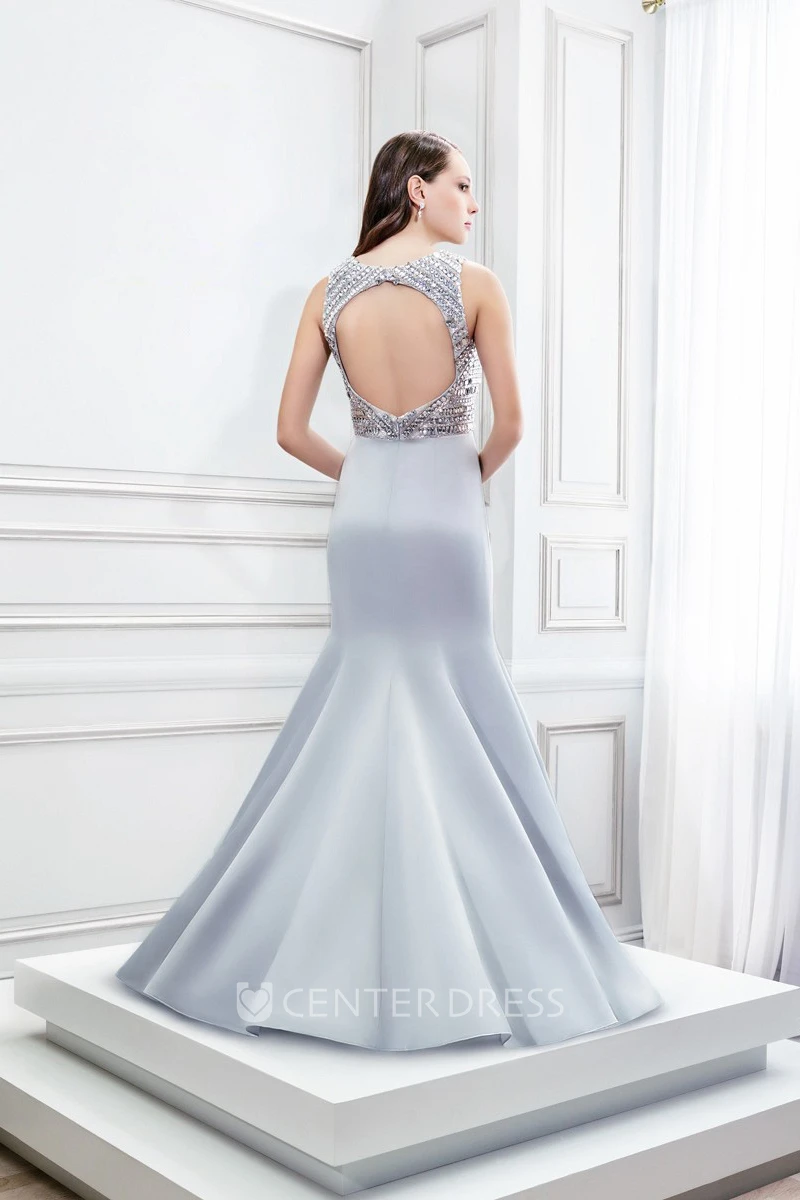 Mermaid Scoop Neck Beaded Sleeveless Satin Prom Dress With Keyhole