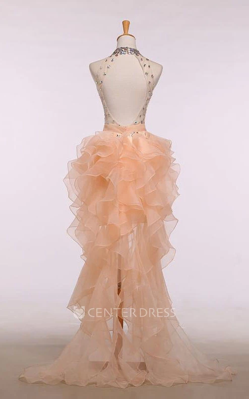 High Neck Sleevelss Beading Ruffled High-low A-line Dress