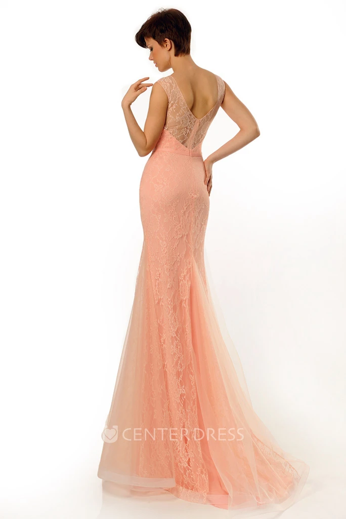 Sheath Long Scoop-Neck Sleeveless Tulle&Lace Prom Dress