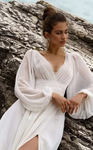 Bohemian Beach A-Line Chiffon Spring Wedding Dress with V-neck and Poet Sleeves
