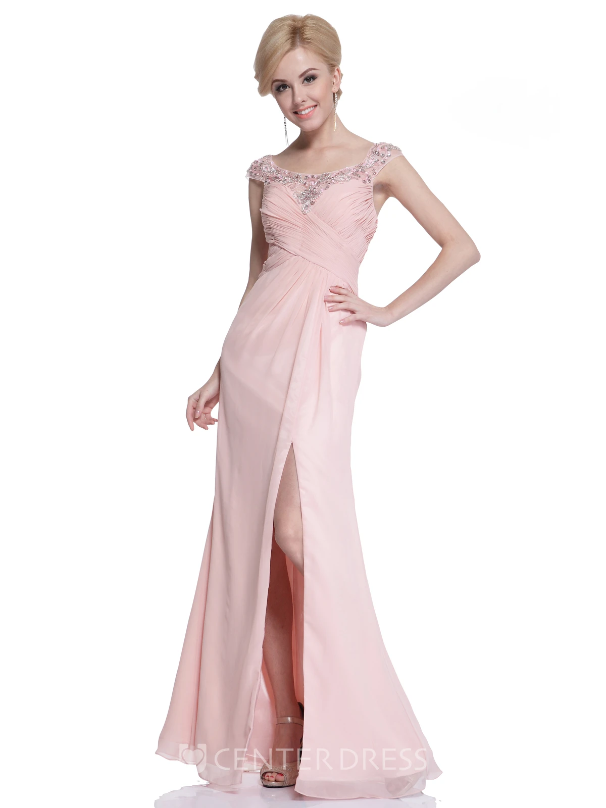 Sheath Cap-Sleeve Chiffon Illusion Dress With Beading And Split Front