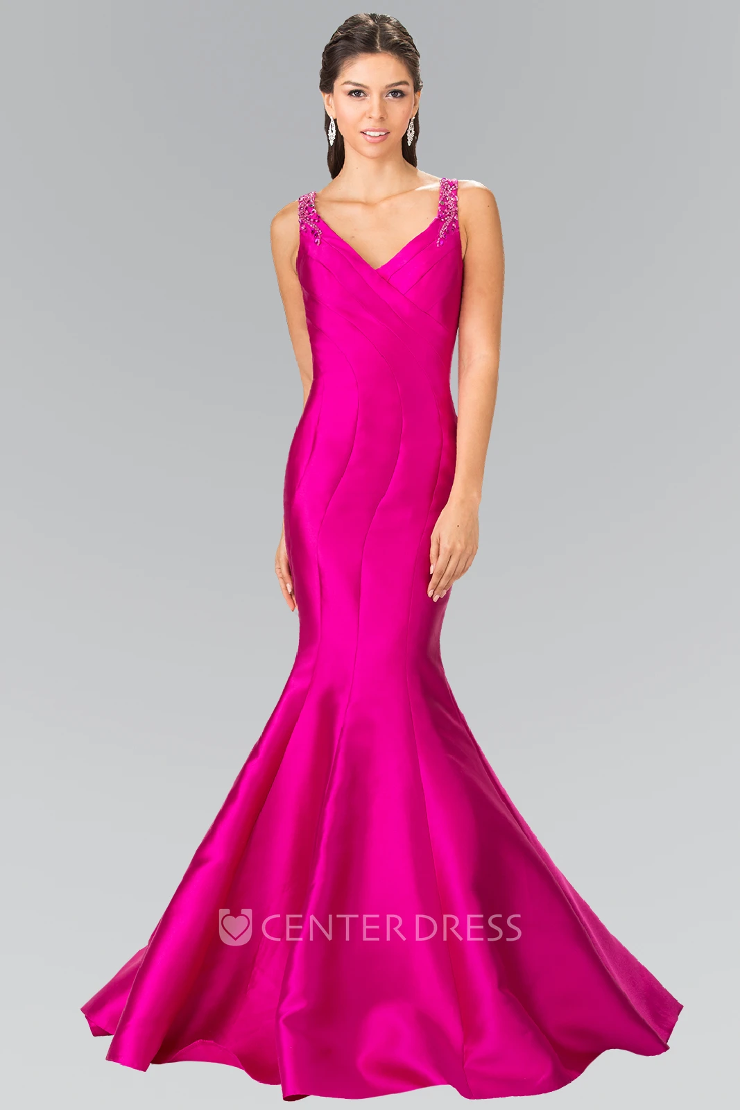 Mermaid Long V-Neck Sleeveless Satin Illusion Dress With Beading