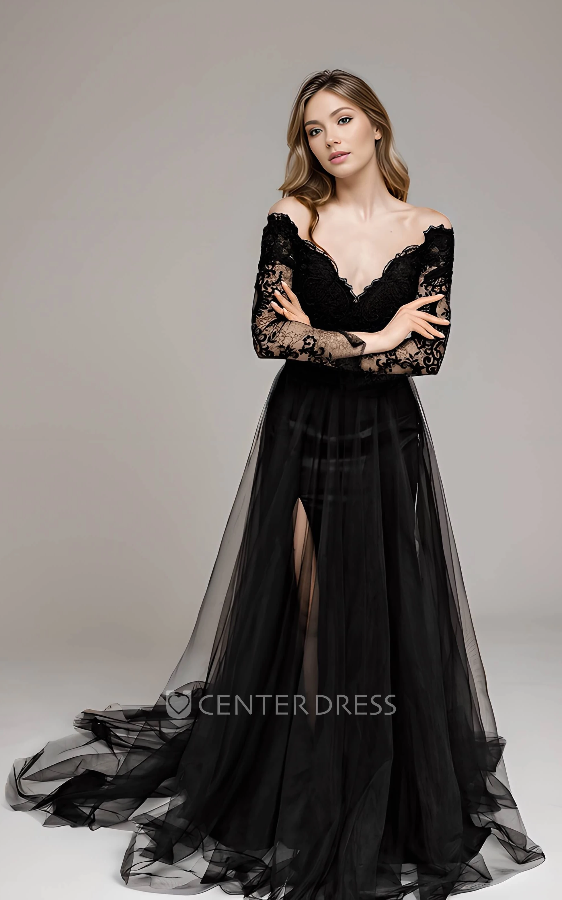 Elegant Detachable A-Line Gothic Black Boho Lace Wedding Dress Sexy Long  Sleeve V-neck Bridal Gown - UCenter Dress