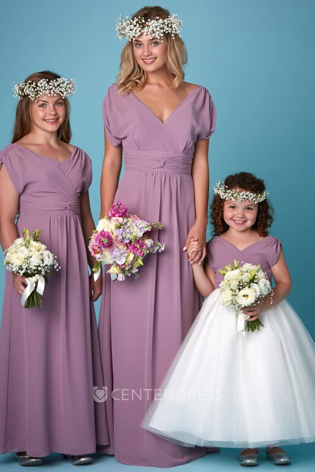 Ruched V-Neck Balloon Sleeve Chiffon Bridesmaid Dress