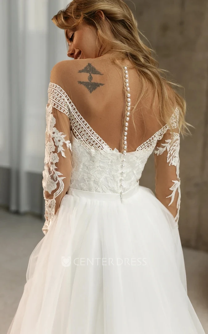 Boho A-Line Scalloped Marriage Dress Lace Tulle Brush Train Long Sleeve Button Beading