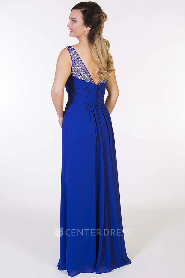 Scoop Neck Sleeveless Criss-Cross Chiffon Prom Dress With Beading