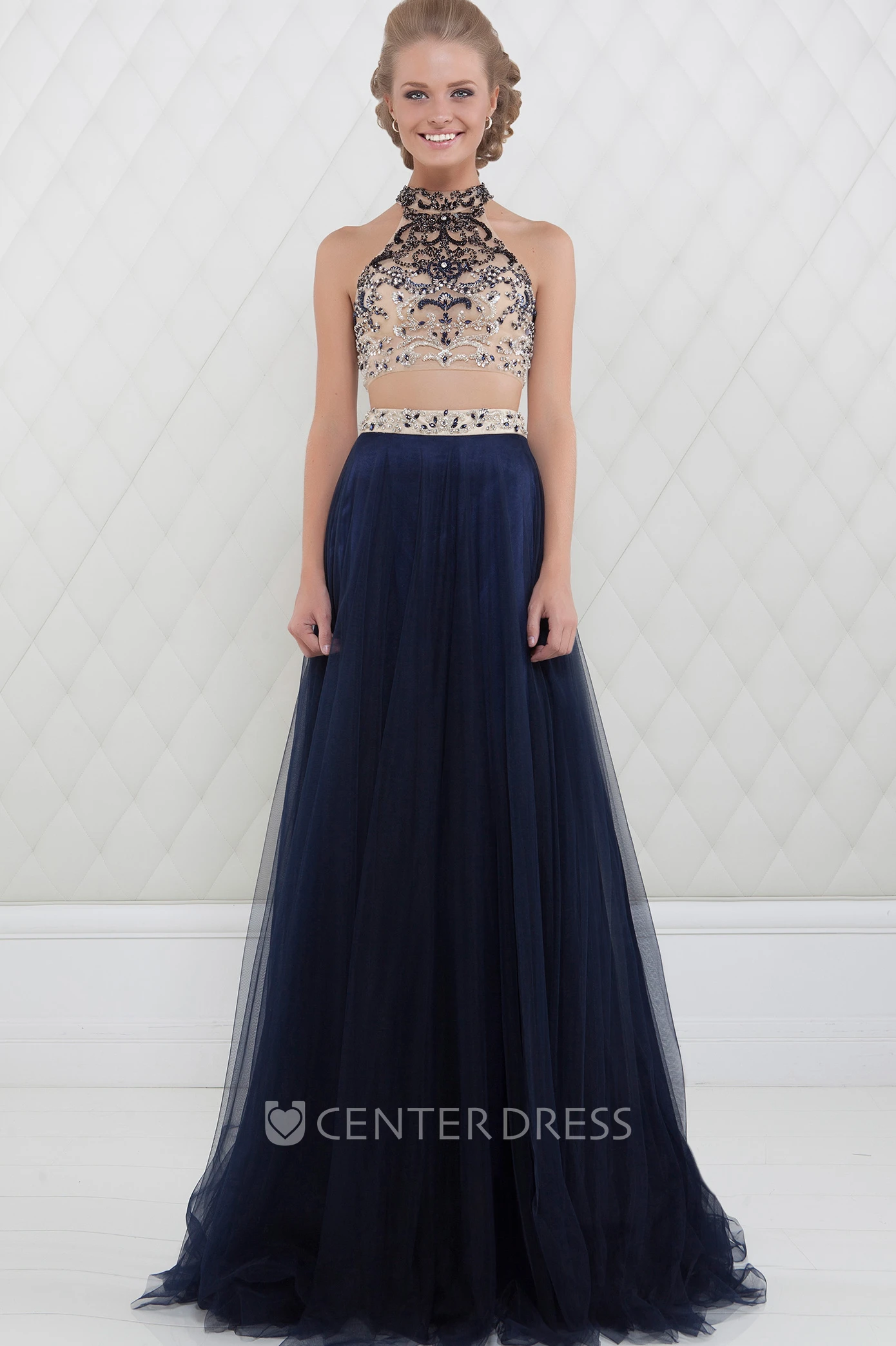 A-Line High-Neck Maxi Beaded Sleeveless Tulle Prom Dress