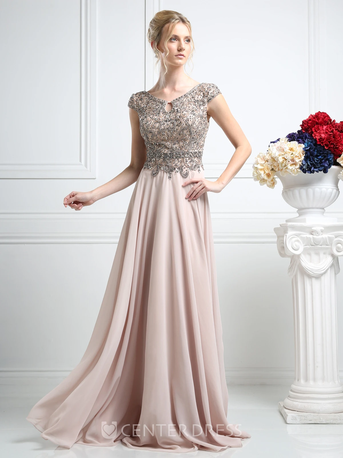 Sheath Maxi V-Neck Cap-Sleeve Chiffon Low-V Back Dress With Beading And Pleats