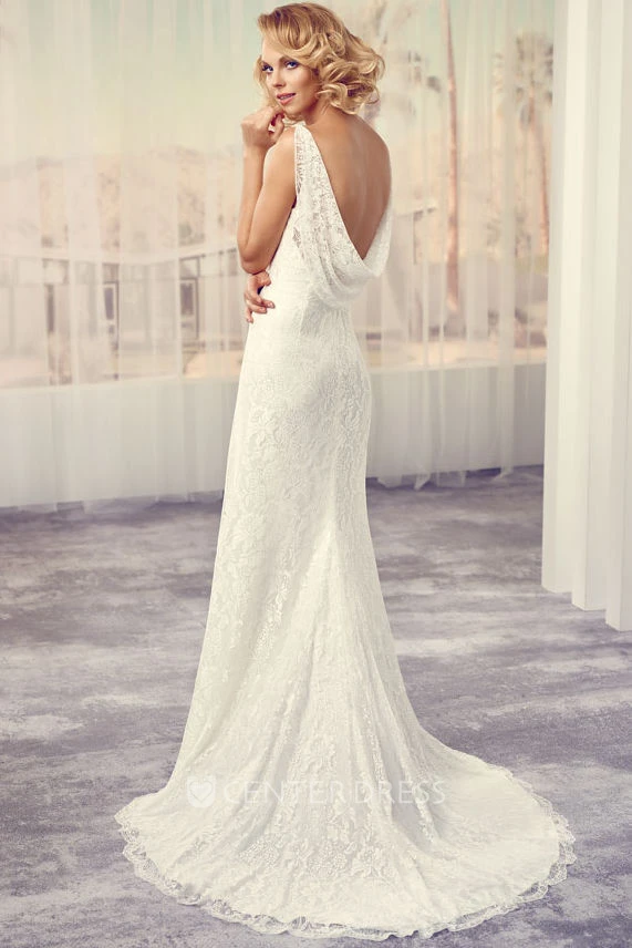 Maxi Bateau Jeweled Lace Wedding Dress With Sweep Train And V Back