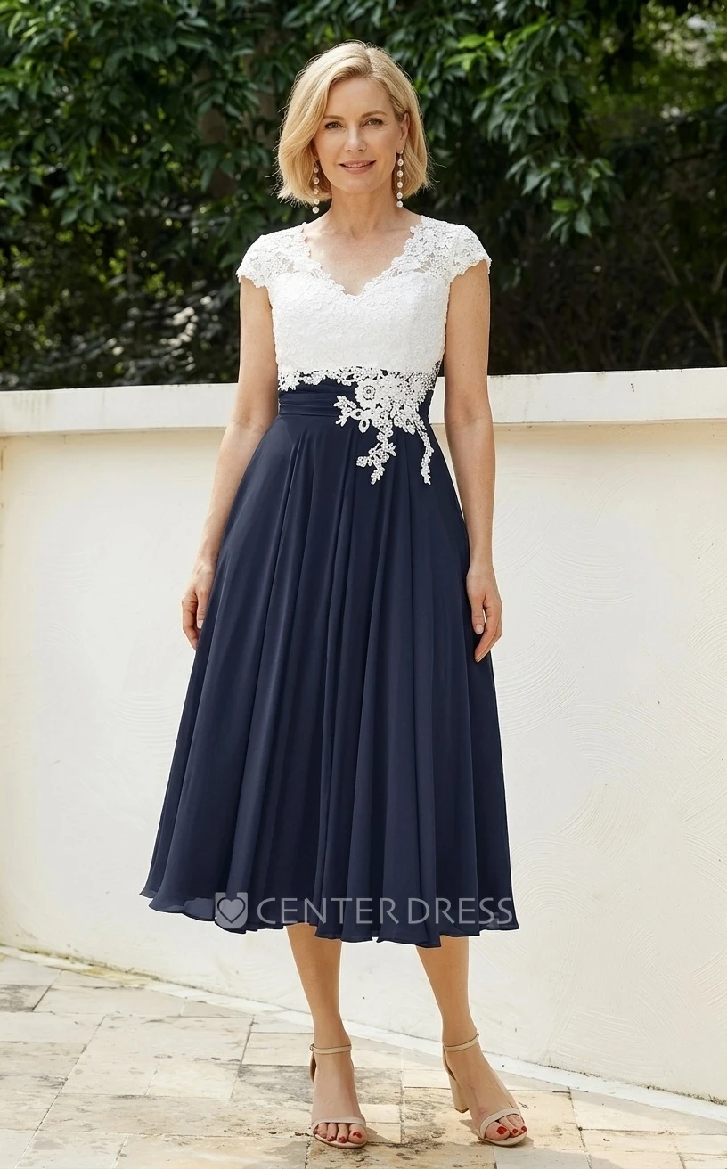 Lace Appliques Chiffon A-Line V-neck Petite Tea-length Sexy Elegant Short Cap Sleeve Mother of the Bride Guest Dress