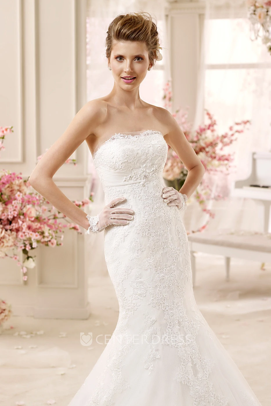 Classic Strapless Sheath Lace Gown With Appliques And Brush Train