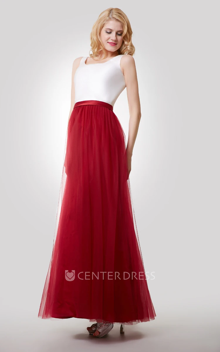 A-Line Sleeveless Color Blocking Dress With Tulle Skirt and Bateau Neck