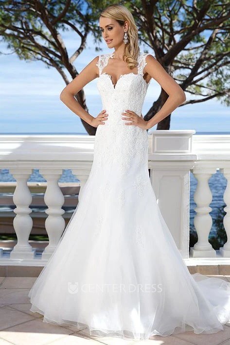 Floor-Length Straps Appliqued Lace Wedding Dress With Court Train And Keyhole