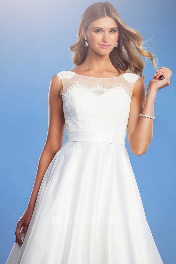 A-Line Bateau Sleeveless Long Satin Wedding Dress With Court Train And Corset Back