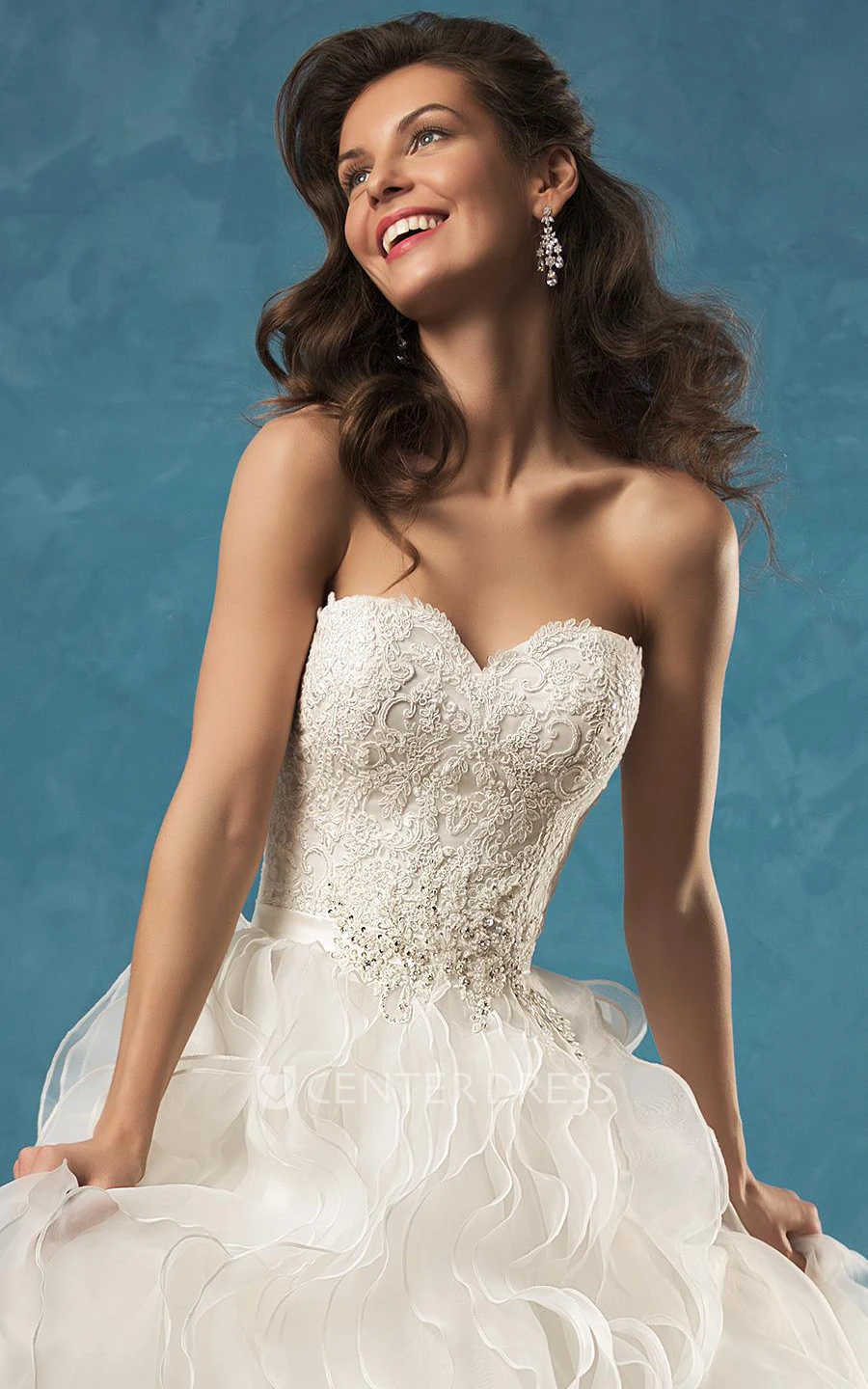 A-Line Empire Short Straps Sweetheart Bell Empire Court Train Zipper Straps Lace Organza Dress
