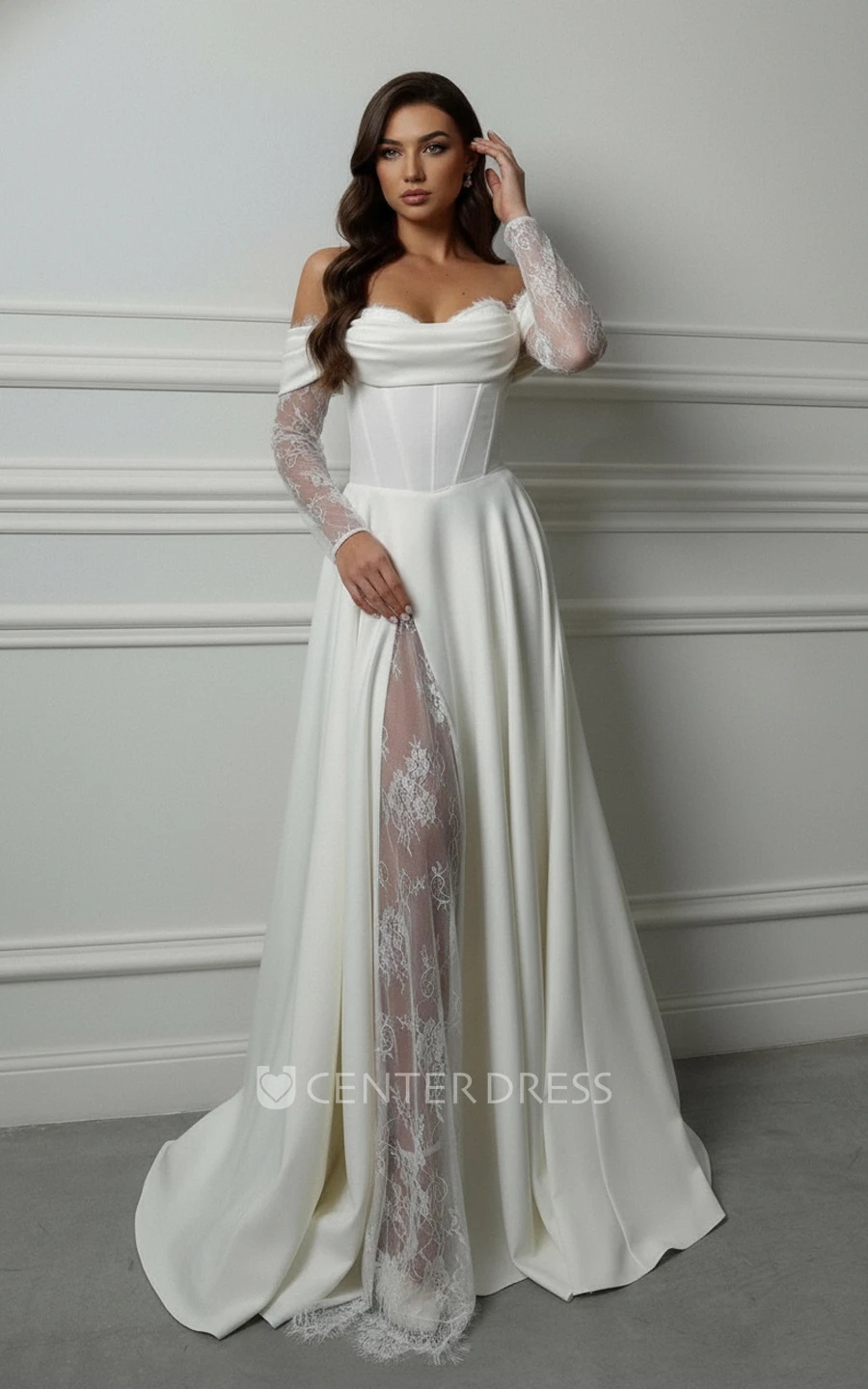 Modern Satin A-Line Wedding Dress Off-the-Shoulder Lace Long Sleeve Corset Gown with High Slit