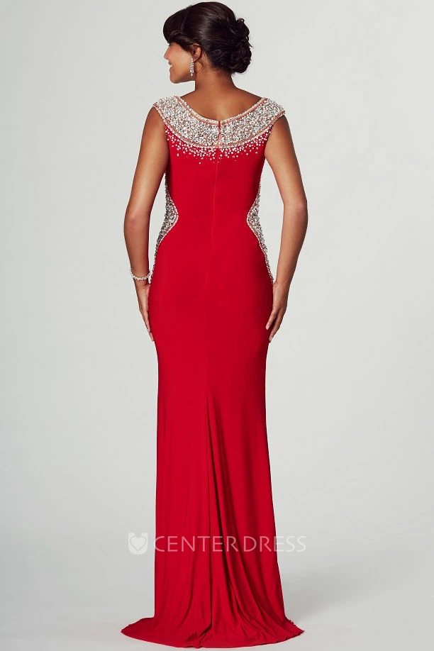 Floor-Length Pencil Sleeveless Scoop Neck Beaded Jersey Prom Dress