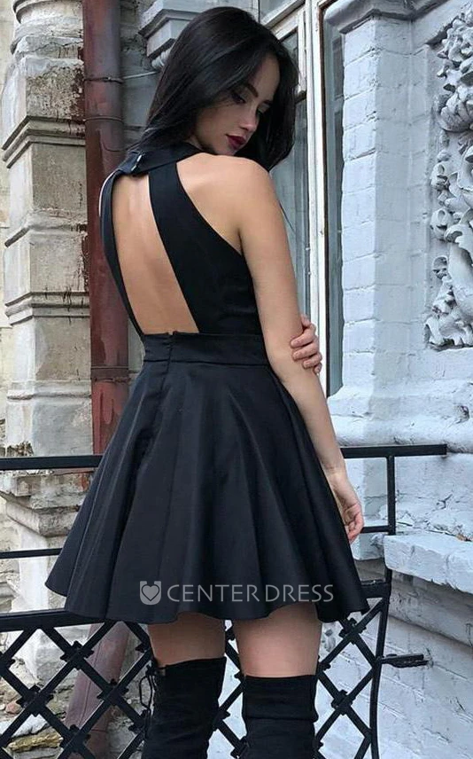 Adorable A Line Satin Halter Sleeveless with Ruching and Ruffles Homecoming Dress