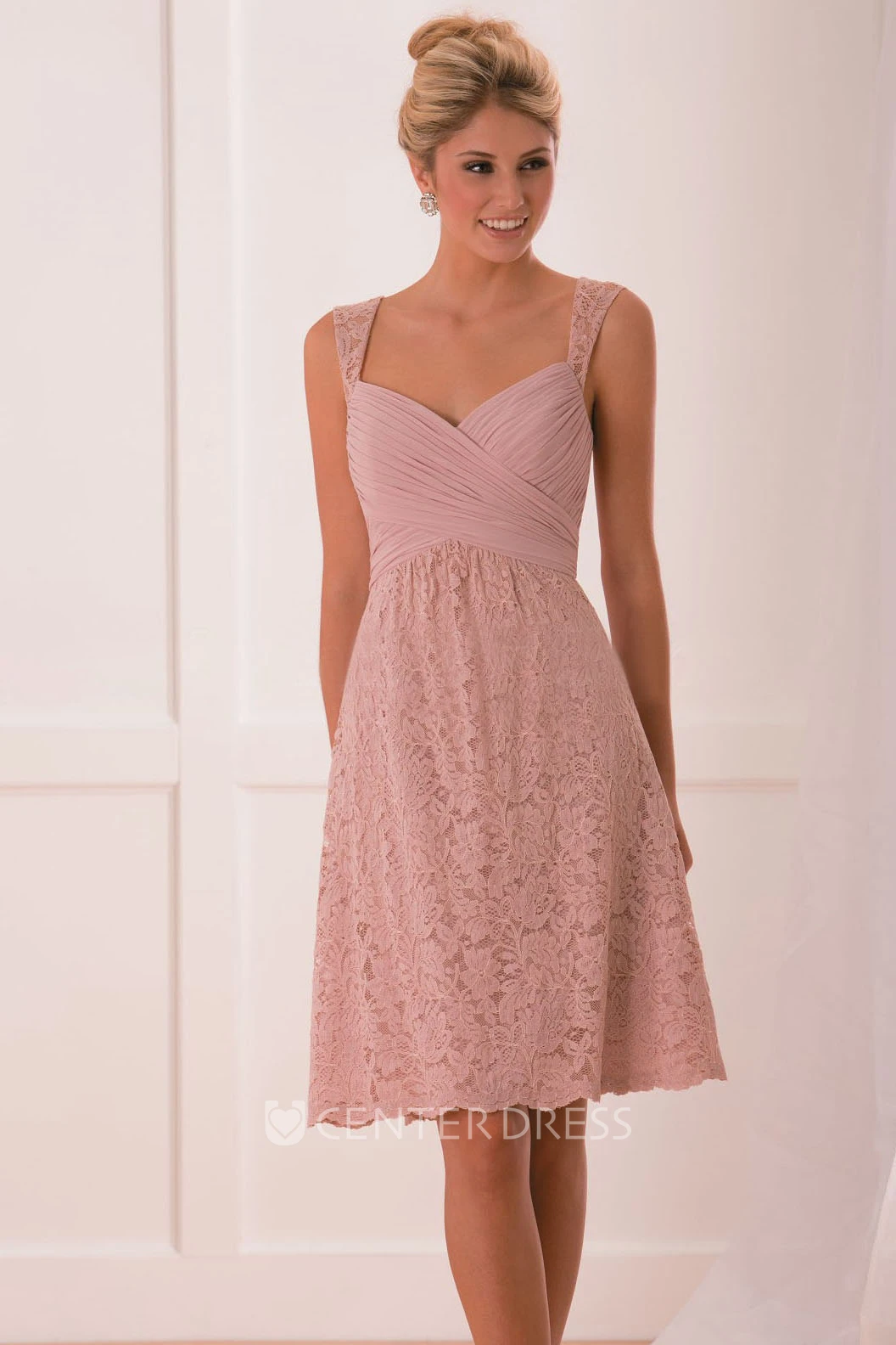 Cap-Sleeved A-Line Short Lace Bridesmaid Dress With Crisscross Ruches