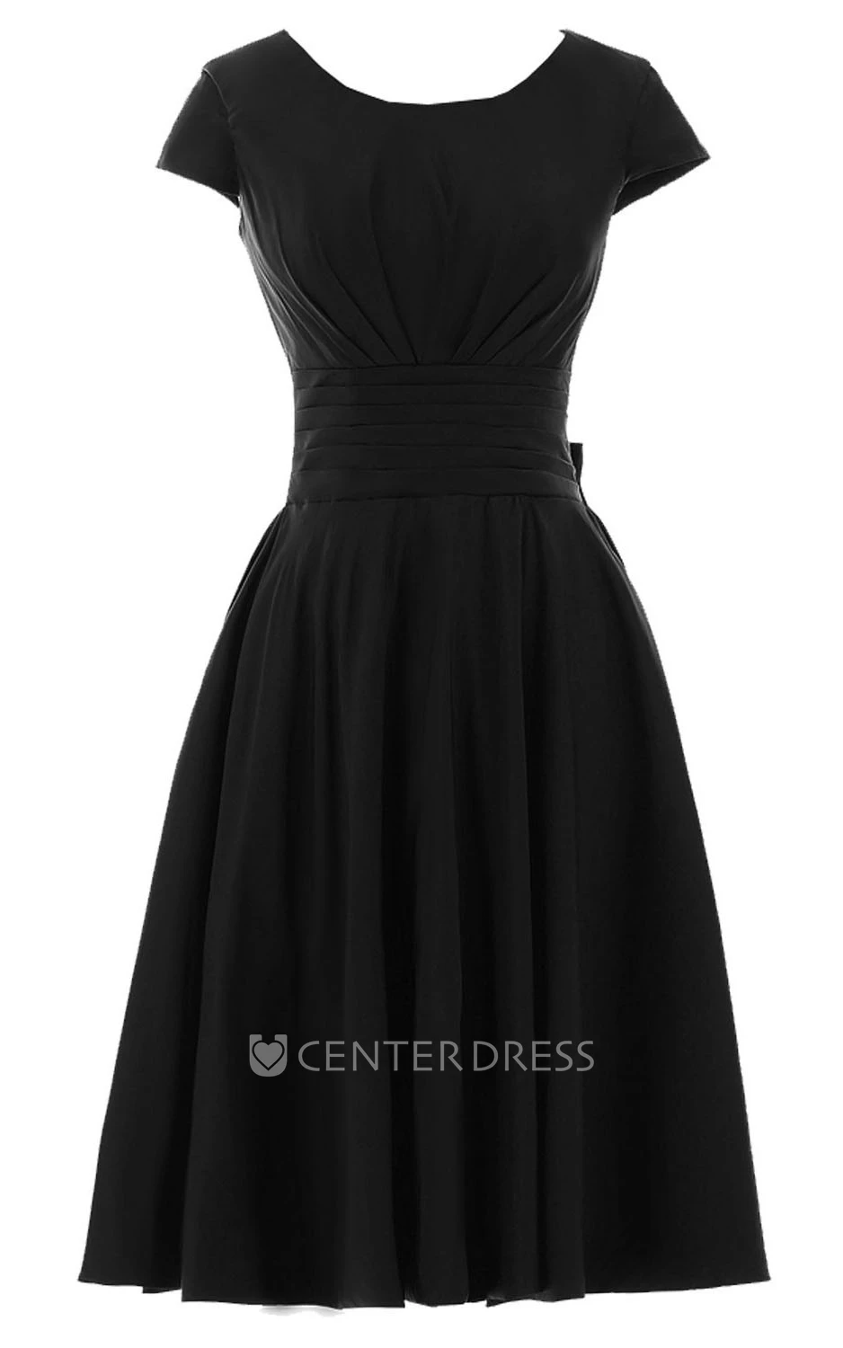Short Sleeve Knee-length Pleated Chiffon Dress With Bowknot