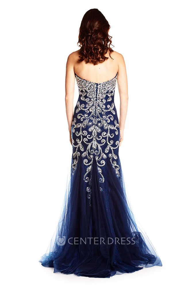 Long Sweetheart Crystal Tulle Prom Dress With V Back