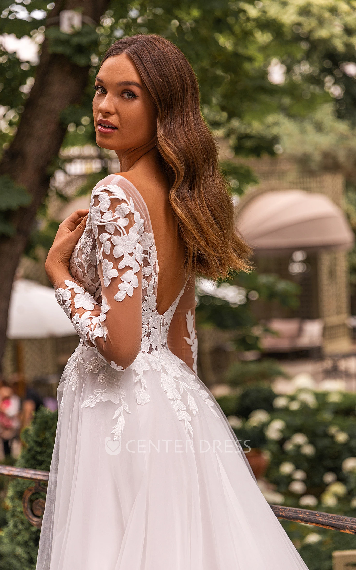 Lace Tulle V-neck A Line Long Sleeve Floor-length Open Back Winter Wedding Dress With Appliques