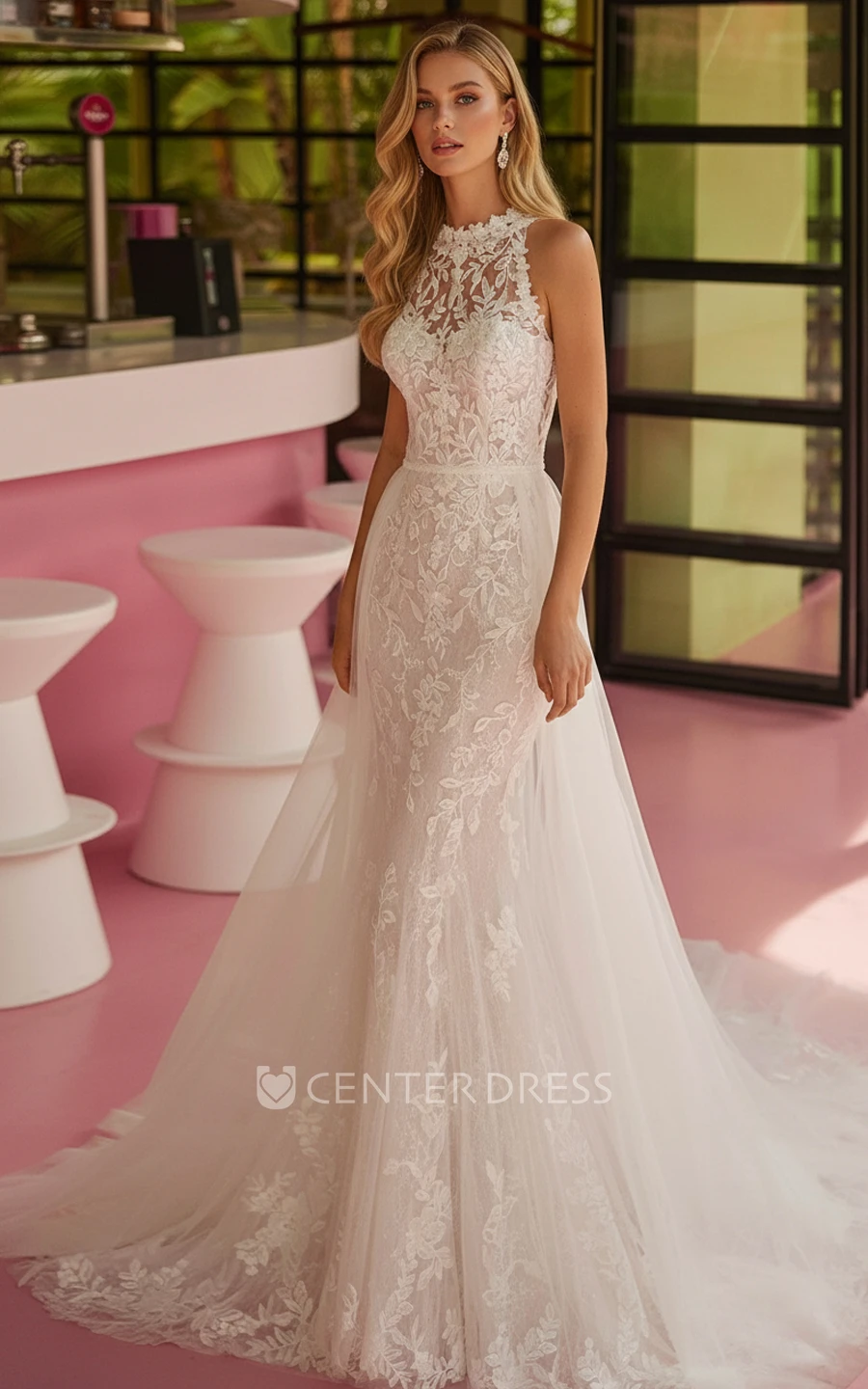Elegant Lace Wedding Dress Mermaid Sleeveless High Neck Backless Lace Applique Bridal Gown Court Train