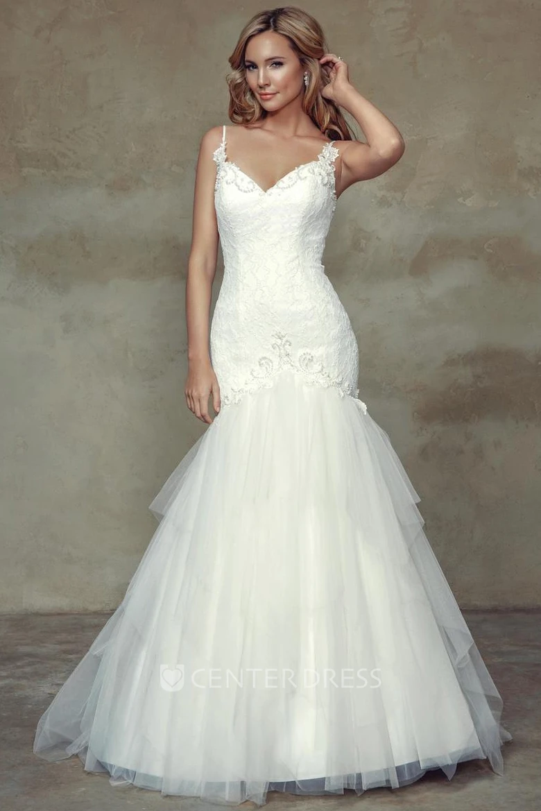 Mermaid Sleeveless Floor-Length Appliqued Spaghetti Lace&Tulle&Satin Wedding Dress With Ruffles And Backless Style