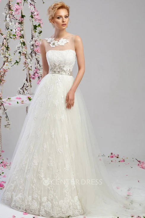 A-Line Floor-Length Sleeveless Strapless Appliqued Tulle Wedding Dress With Waist Jewellery And Cape