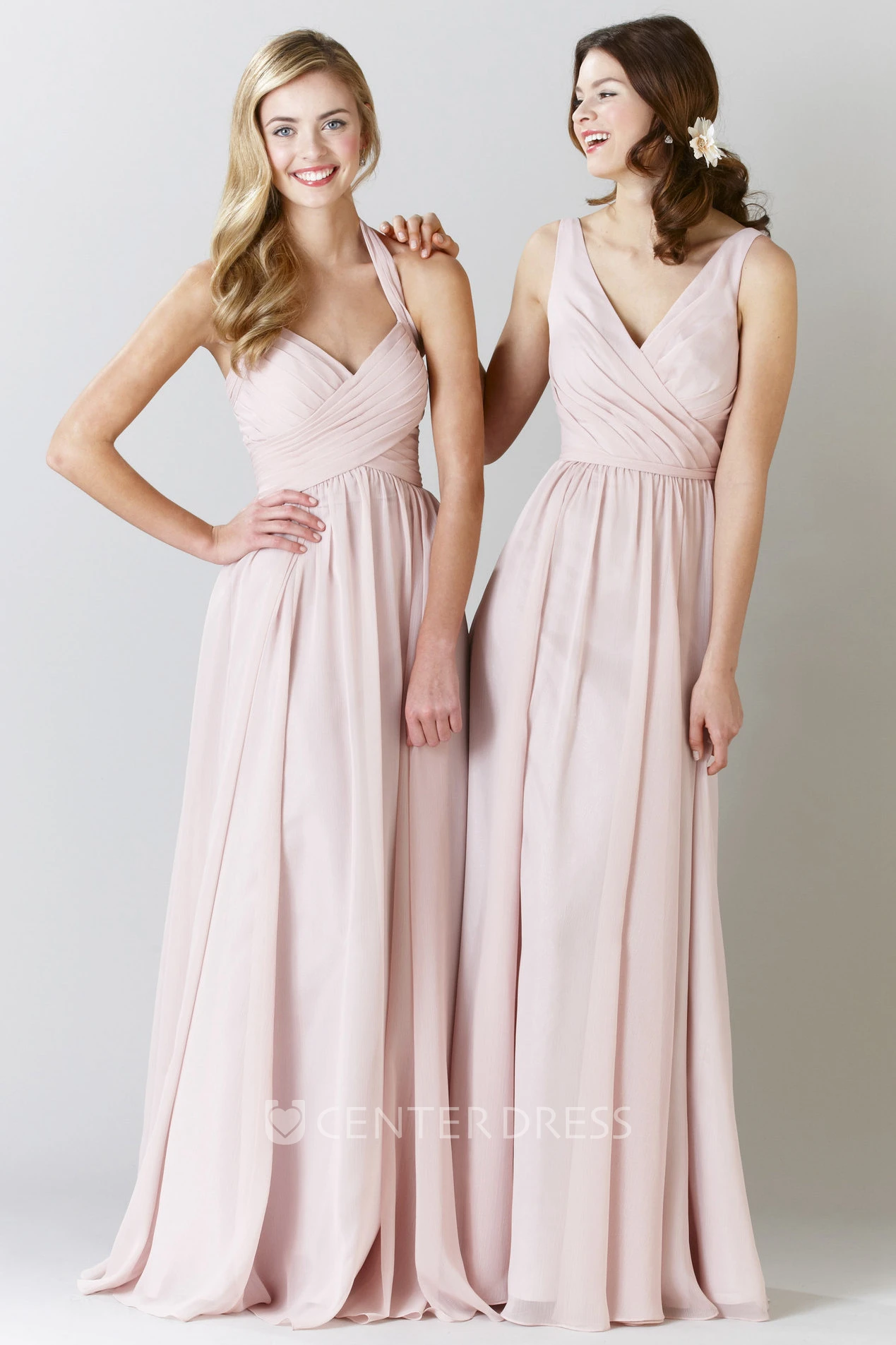Maxi Criss-Cross Halter Sleeveless Chiffon Bridesmaid Dress With Pleats