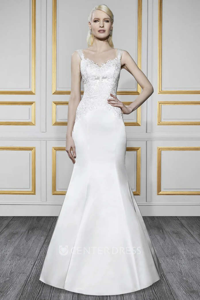Trumpet Appliqued Floor-Length Sleeveless V-Neck Lace&Satin Wedding Dress With Brush Train And Deep-V Back
