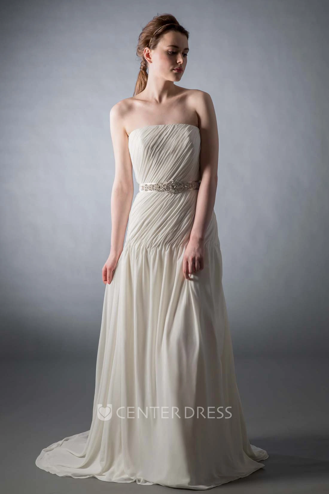 Maxi Strapless Bowed Ruched Chiffon Wedding Dress With Sweep Train