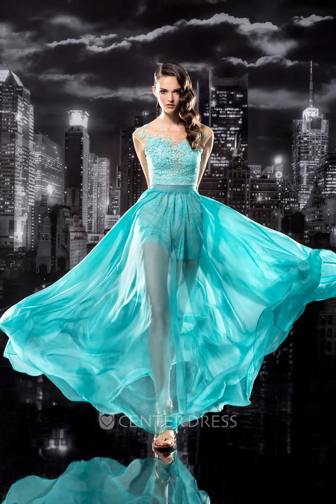 A-Line Long Bateau Cap-Sleeve Chiffon Lace Deep-V Back Dress With Appliques
