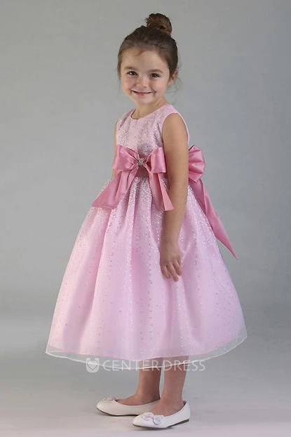 Tea-Length Tiered Bowed Tulle&Satin Flower Girl Dress With Split Front