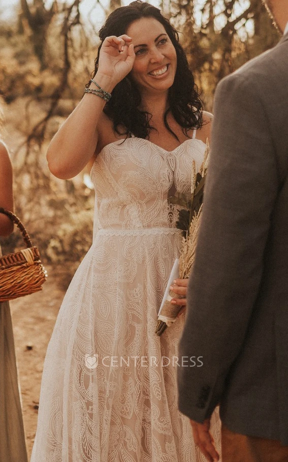 A-Line Spaghetti Tulle Wedding Dress with Sweep Train Casual Ethereal