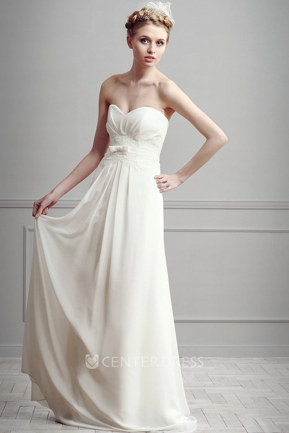 Sleeveless Long Sweetheart Ruched Chiffon Wedding Dress With Lace