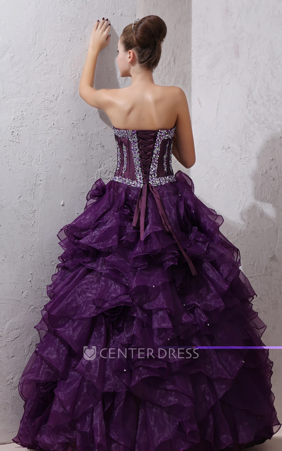 Organza Strapless Quinceanera Dress With Ruffles And Beading