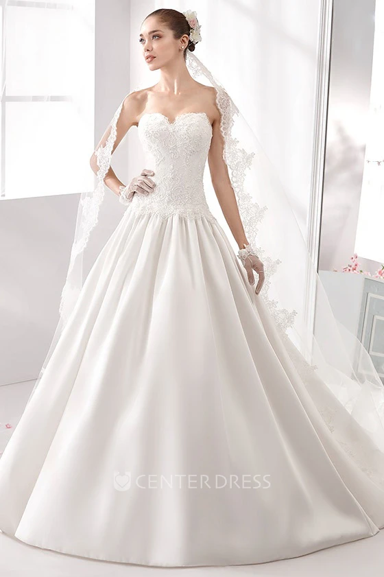 Strapless Appliqued A-Line Wedding Dress With Notched Neckline And Lace Corset