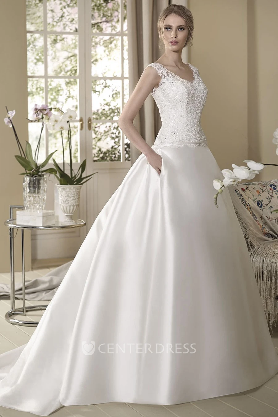 Ball Gown Sleeveless V-Neck Floor-Length Appliqued Satin Wedding Dress