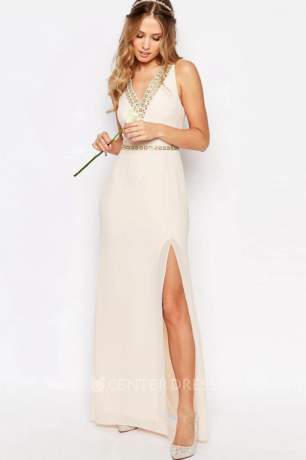 Sleeveless Split-Front V-Neck Chiffon Bridesmaid Dress