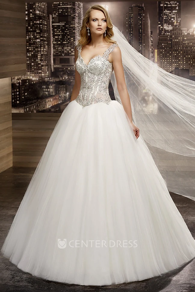 V-neck A-line Wedding Gown with Beaded Corset and Half Open Back