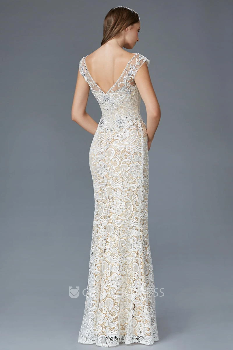 Sheath Floor-Length V-Neck Cap-Sleeve Lace Low-V Back Dress With Beading